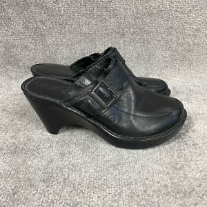 BOC Born Women’s 8 Black Leather Slip On Heeled Clogs Mules Buckle